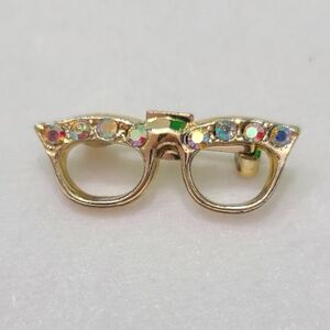 Vintage Gold Tone Cat Eye Glasses Brooch Rhinestone Jewelry Costume Pin